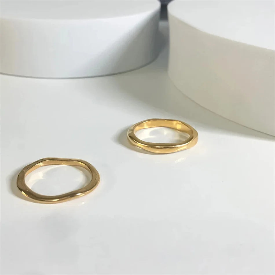 Emanco Women Stackable Geometric Minimalist Fashionable Ring 18K Gold Stainless Steel Irregular Texture Ocean Wave Curved Rin