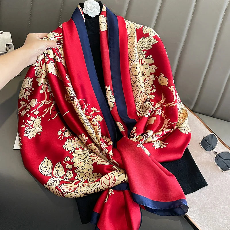Stylish Newest Oversized Red Silk Printed Christmas Scarf Luxury Golden Flower Print Foulard Marocain for Women Hijabs & Shaw