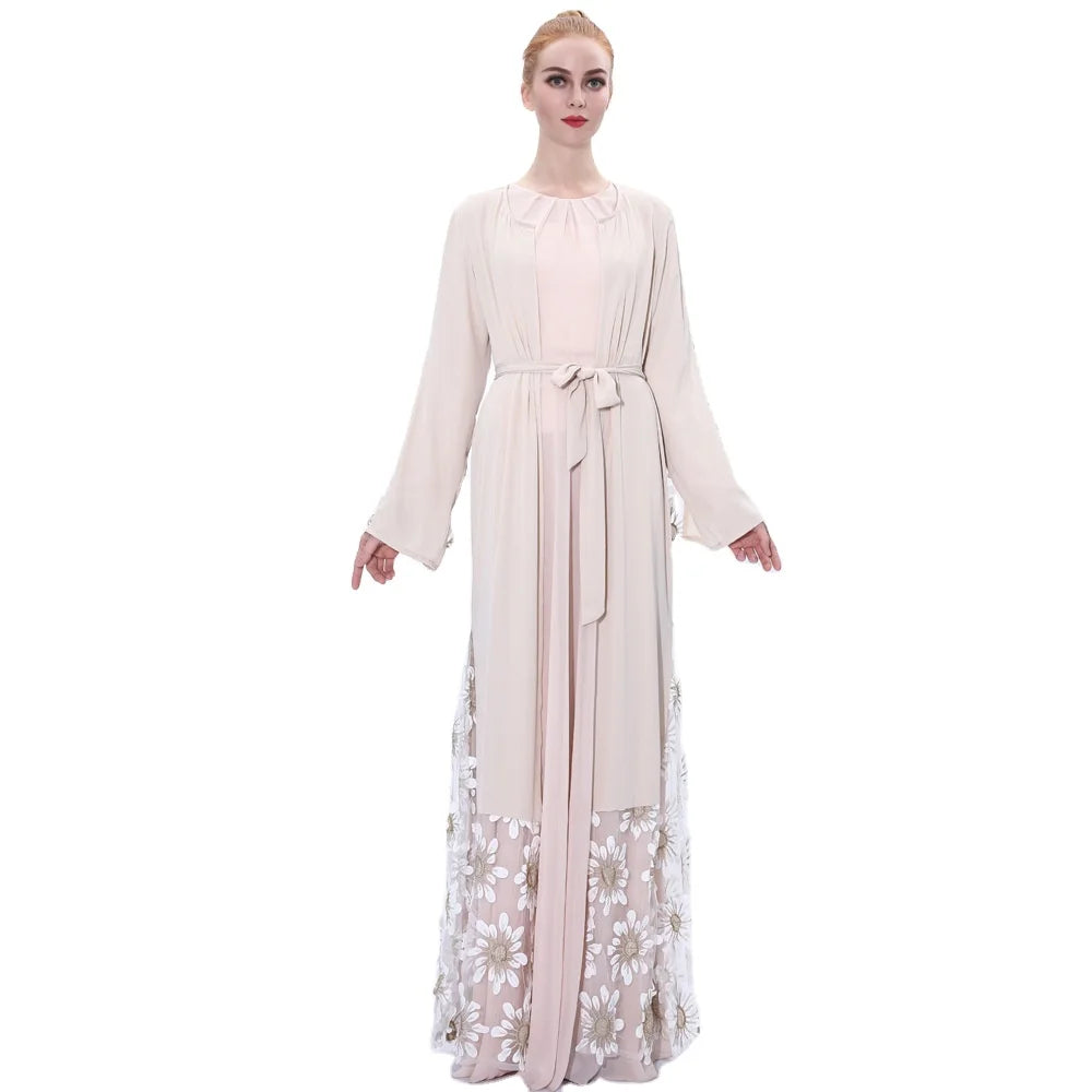 White Apricot Color Breathable Fabric Embroidery Flower Lace Flare Cuff Fashion Design Lace Abaya for Muslim