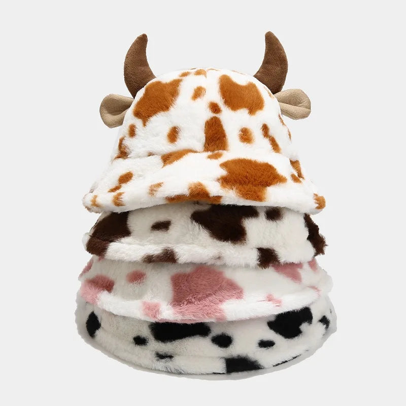 Wholesale In-Stock Cow Dairy Print Plush Fluffy Bucket Hat for Women Winter Fashion Warm Casual Sports Travel Outdoor Applica