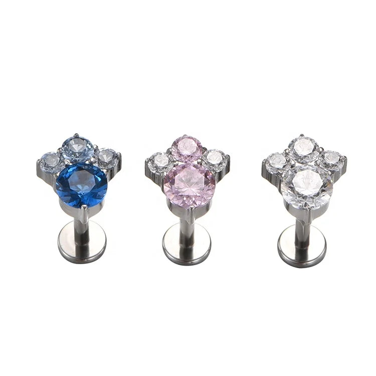 Fuxuan ASTM F136 Titanium 4 Round Zircon Labret Piercing  Internally Threaded Top Fashion Earring Piercing Jewelry Wholesale