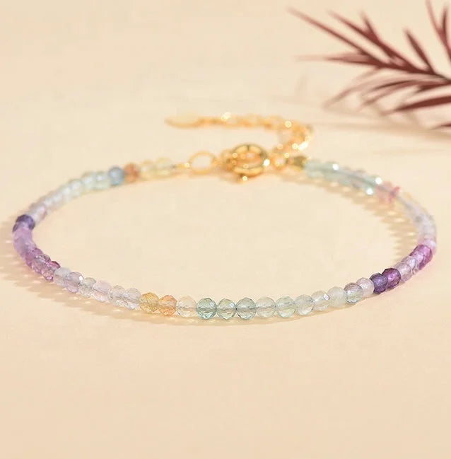 Dainty 3mm Faced  Purple Fluorite Stone Bracelet for Women Jewelry 18k Brass Chain Adjustable Healing Crystal Bracelet
