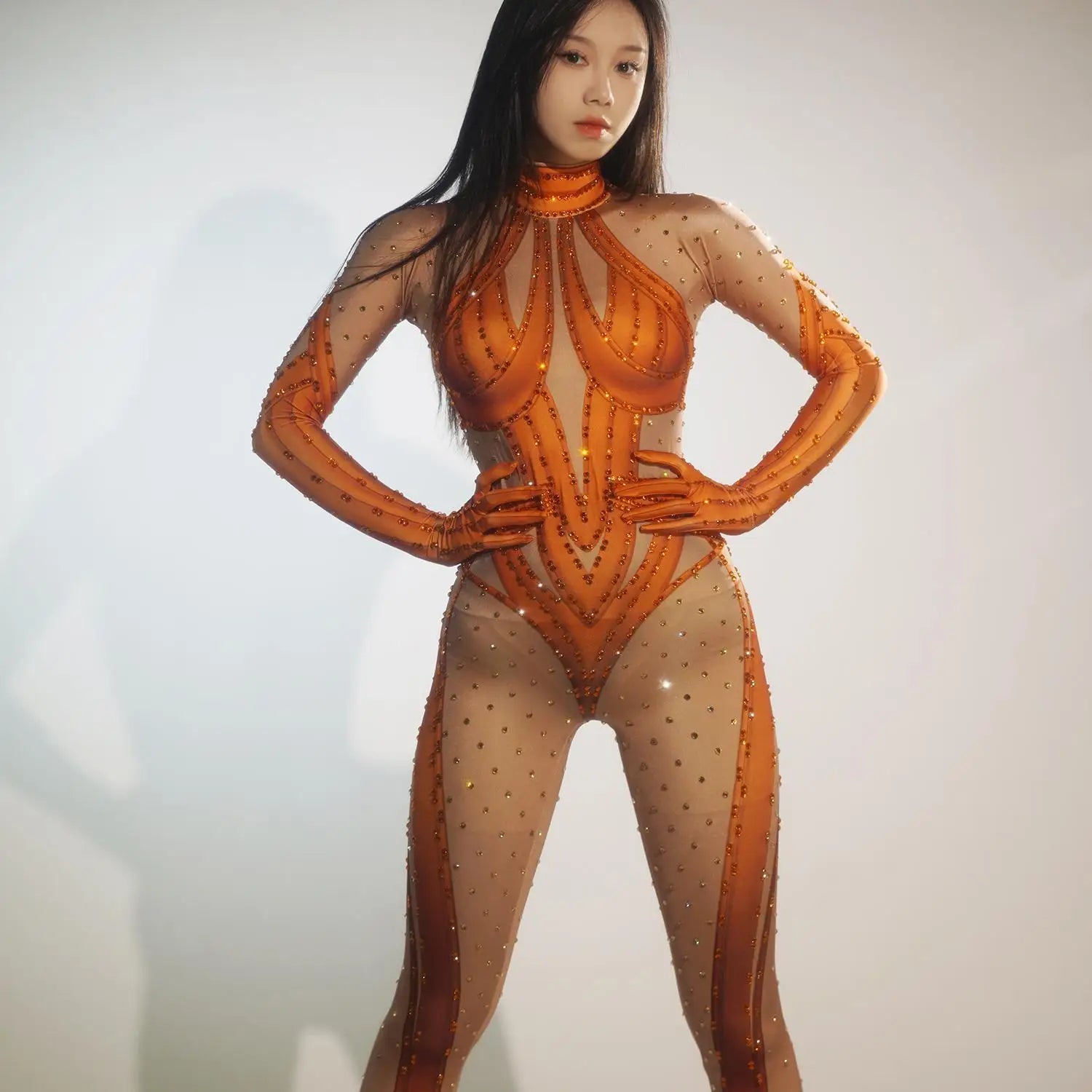 Women Club Jumpsuits Long Sleeves with Gloves Leotard Stripper Outfits Exotic Dancewear Spandex Rompers One Piece Bodysuit