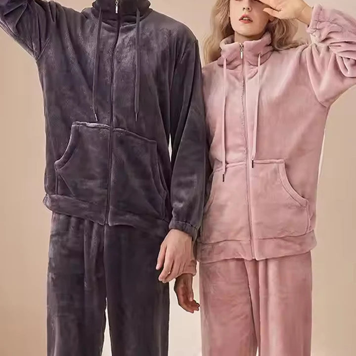 Winter Thickened Casual Women's Pajamas Cute Lovers Long Sleeve Flannel Fleece Pajama Set