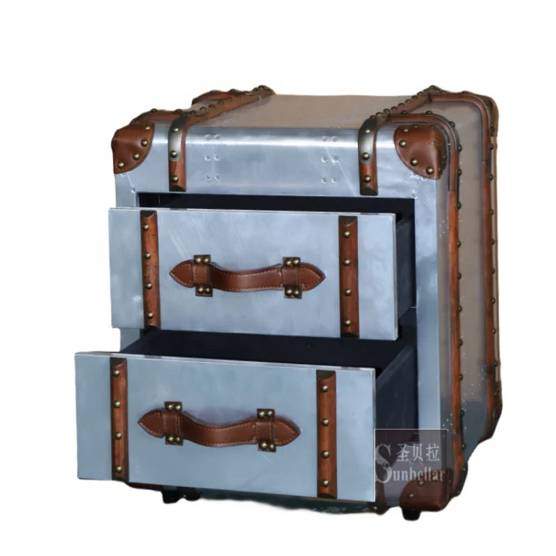 Aviation Loft Industrial Metal Aluminium Antique 2-Drawer Steamer Trunk Night Stand Cabinet for Bedroom and Living Room