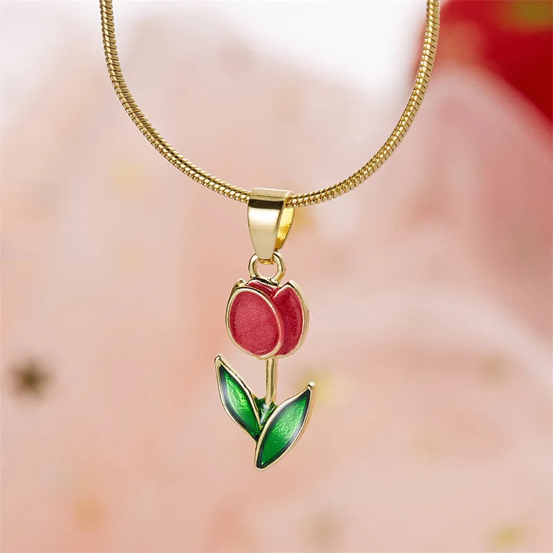 Rinhoo Romantic Flower Tulip Collarbone Chain Necklace Fashionable Small and Fresh Oil Drop Necklace for Women Girls Gifts