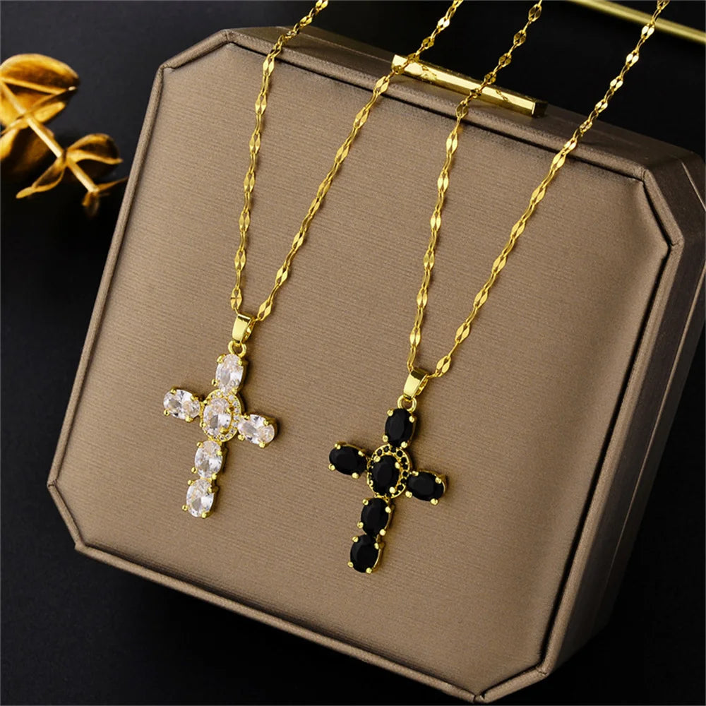 Fashionable Copper Micro Inlaid Zircon Cross Pendant Necklace for Women