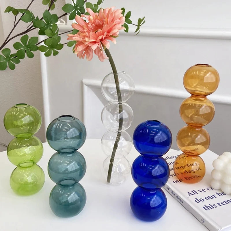 Gift Hand-blown Home Decoration Wedding Hydroponic Bubble Ball Vase High Borosilicate Glass Gourd Round Ball Colored Flower V