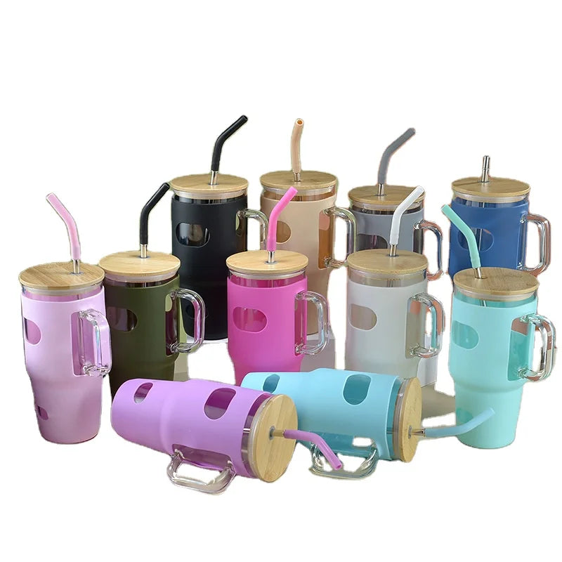 Customized Logo 30 oz Borosilicate Glass Water Bottle Bamboo Cover Silicone Case Handle Wholesale 30oz Straw Personalized Bul