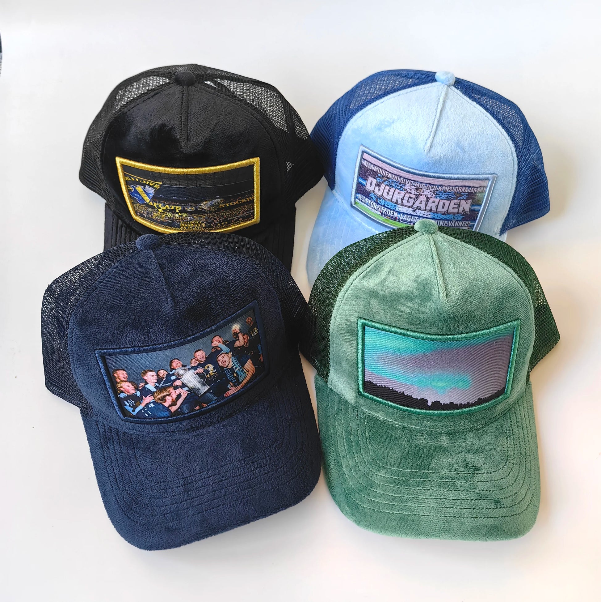 Sweden 2024 Custom Puff Printing 3D Embroidery Logo Fuzzy Velvet Breathable Waterproof Outdoor Fashion 5 Panel Mesh Trucker H