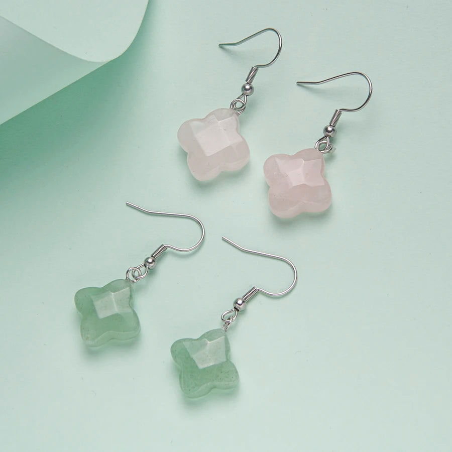 New Natural Crystal Stone Rose Quartz Four Leaf Clover Earrings for Women Jewelry Crystal Lucky Clover Stainless Steel Earrin