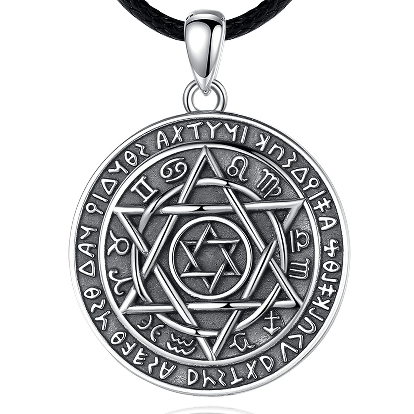 Vintage Embossed Round 925 Sterling Silver Engagement Wedding Gift Party Solomon Talisman Amulet Pendant Necklace for Men