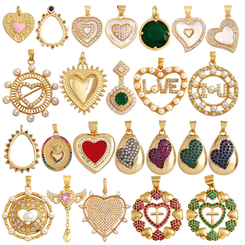Trendy Rainbow Zircon Pearl Shell Love Heart Charm PendantCreative Angel 18K Gold Plated Jewelry Findings Supplies K42