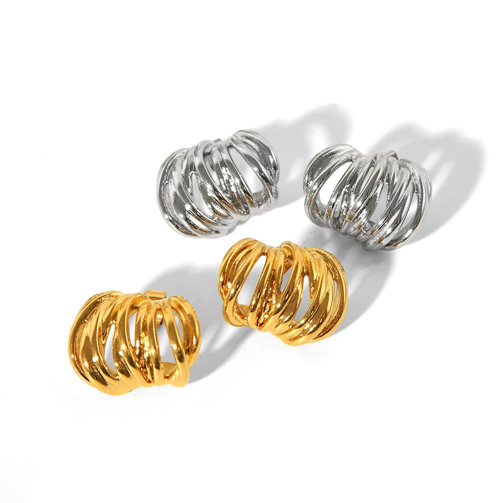 Vintage Stainless Steel 18K Gold Plated Trendy Personalized Geometric Minimalist Double Lines Hoop Earrings for Women's