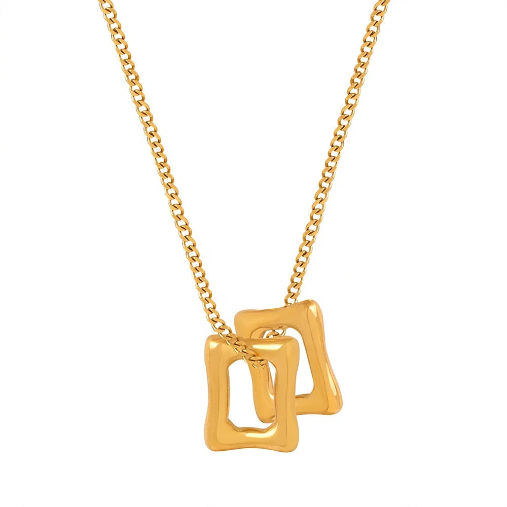 Ins Style Women Personalized Dainty Jewelry 18k Gold Plated Stainless Steel Double Rectangle Shape Hollow Pendant Necklace