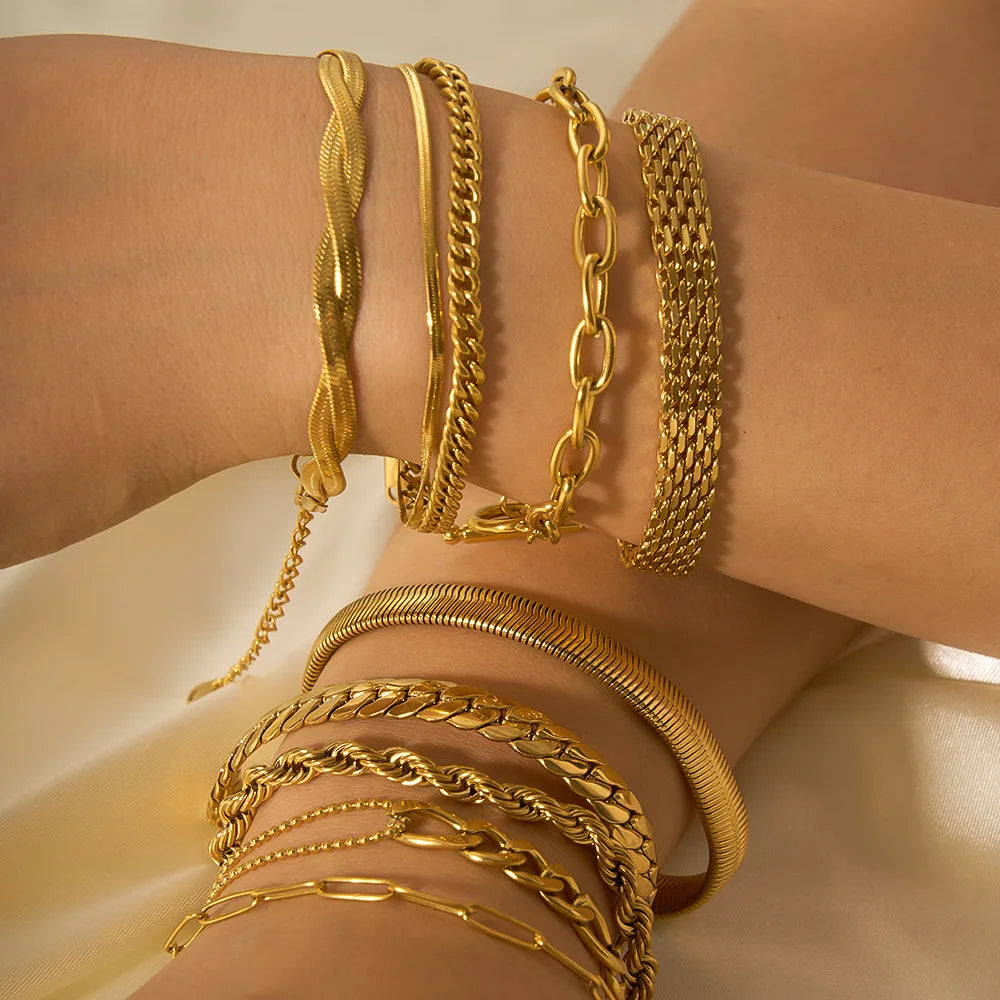 2024 Trendy 18K Gold Plated  Double-layered Cuban Braided Snake Chain Stainless Steel Bracelet for Women
