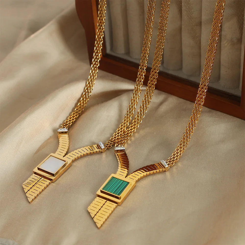 Chic Minimalist Cubic Zirconia Shell Acrylic Y-shaped Pendant Necklace Chunky Woven Gold Plated Stainless Steel Choker Neckla