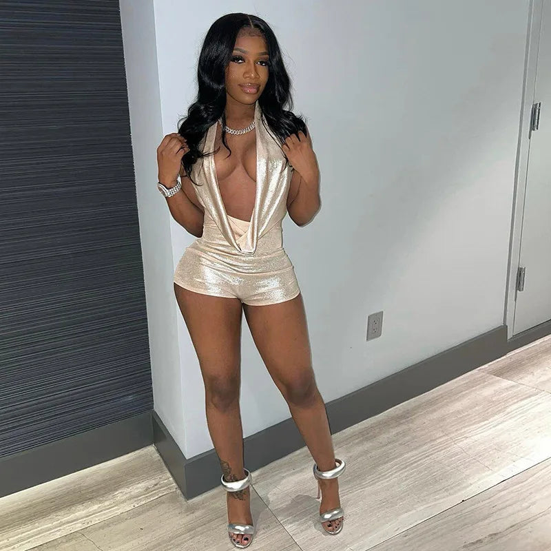 Women's 2024 Summer Clothing Backless Jumpsuits Fashion Solid V Neck Sleeveless One Piece Short Casual Jumpsuit for Women