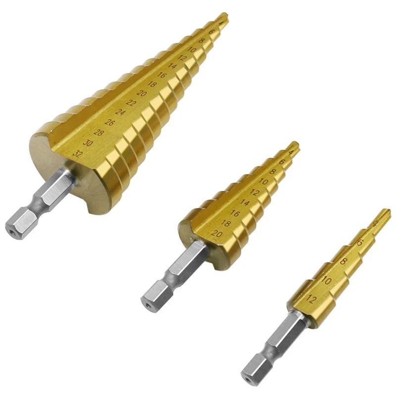 3pcs Hss Steel Titanium Step Drill Bits 3-12mm 4-12mm 4-20mm Step Cone Cutting Tools Steel Woodworking Wood Metal Drilling Se