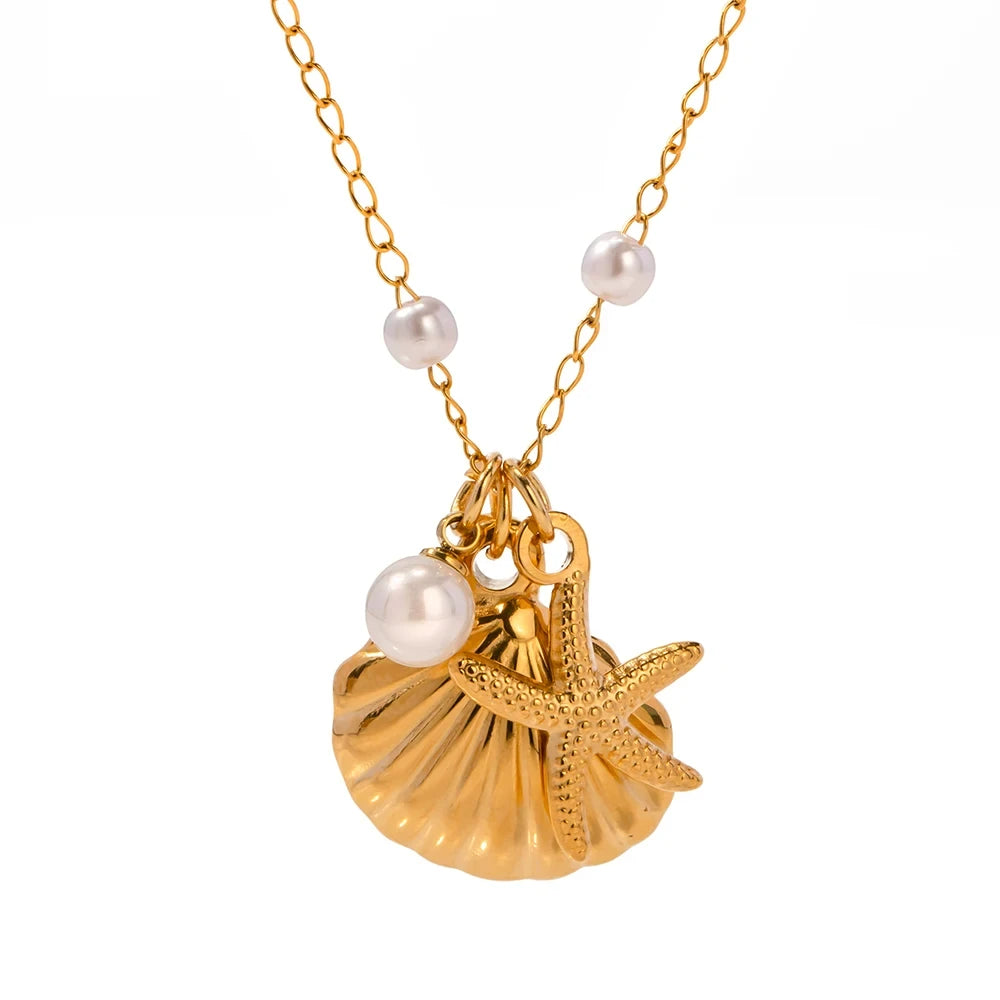 New Charm Summer Beach 18K Gold Plated Stainless Steel Pearl Necklace Fashion Starfish Seashell Pendant Necklace for Women Gi
