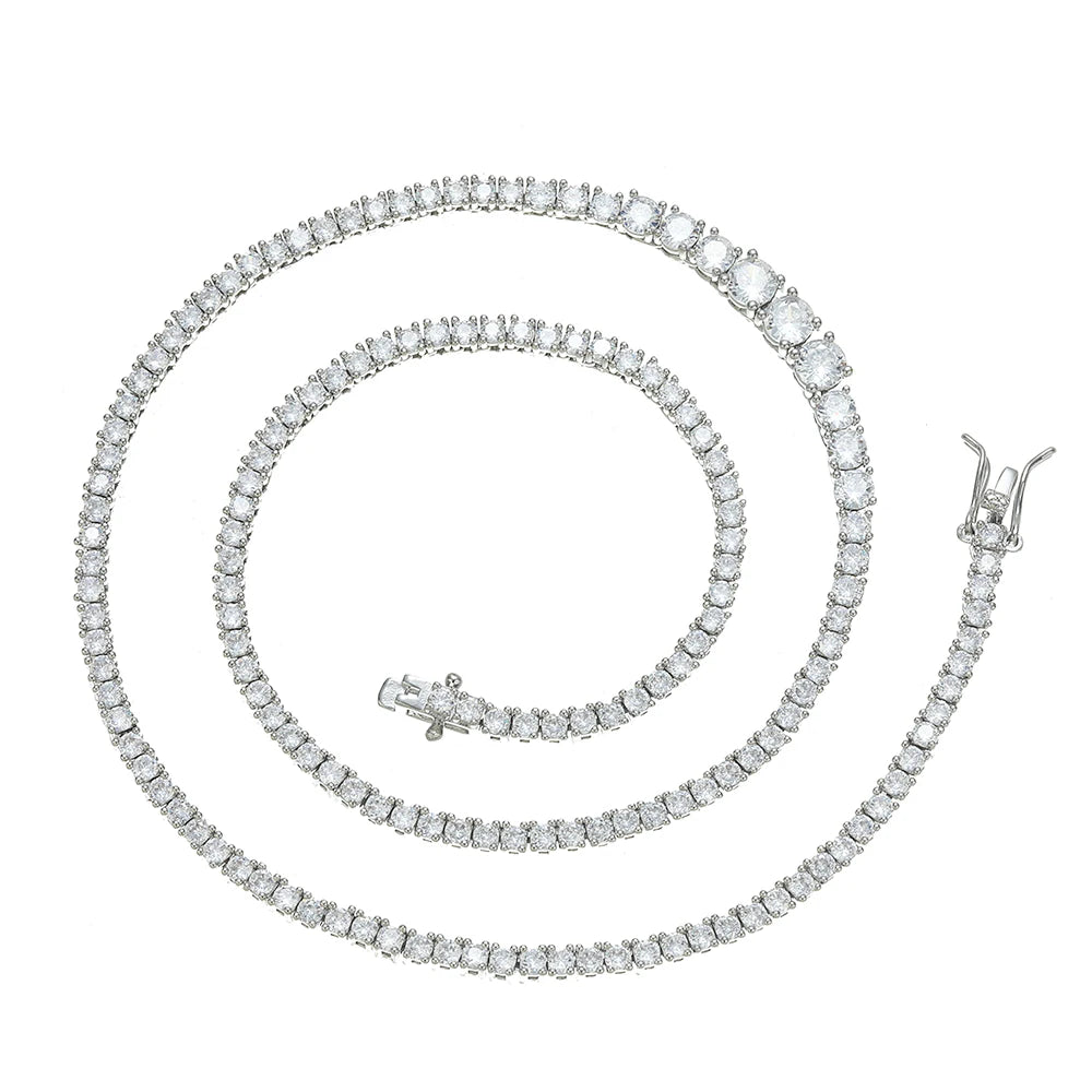 BC183 3 Wide Women's Silver Plated Hip Hop Engagement Necklace Brass Cubic Zircon Tennis Geometric Link Chain for Anniversary