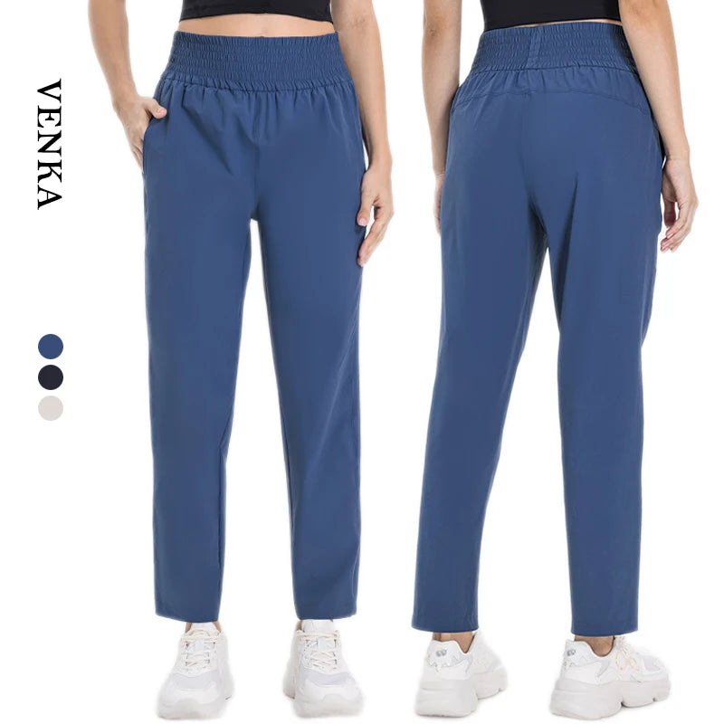 Girls Solid Skin-Friendly Slim Casual Trousers Gym Running Fitness Sportswear High Waist Straight Leg Yoga Pants Front Pocket