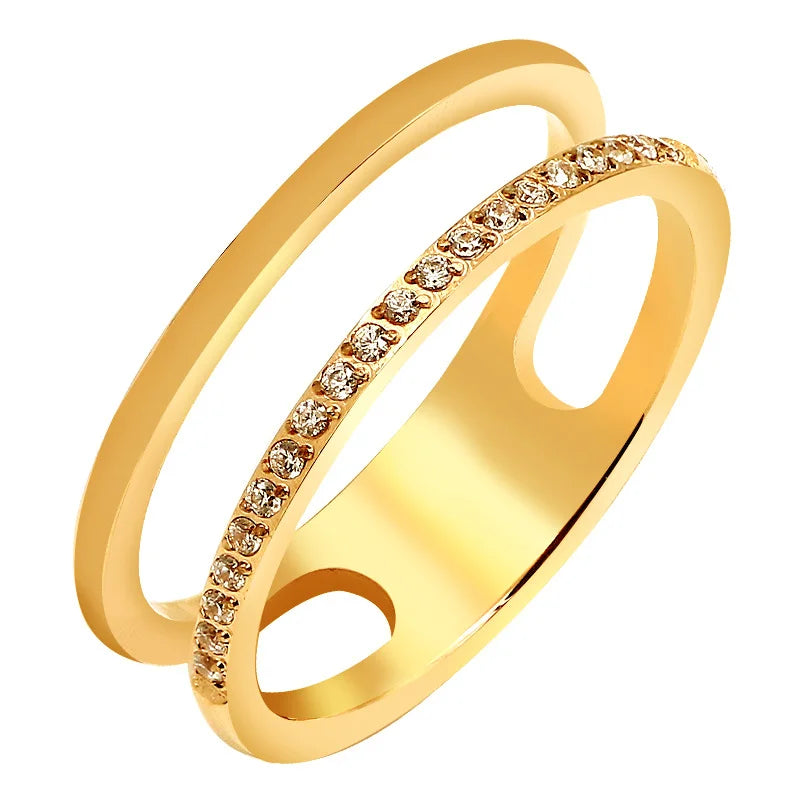 CNC Rhinestones Ladies Midi Ring Stainless Steel Double Layers Cubic Zirconia Stacking Knuckle Trendy 18K Gold Plated Certifi