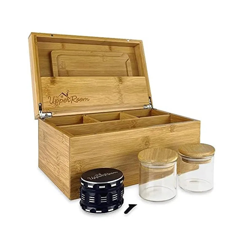 Bamboo Stash Box Combo Kit - Large Wooden Storage with Removable Dividers & Tray
