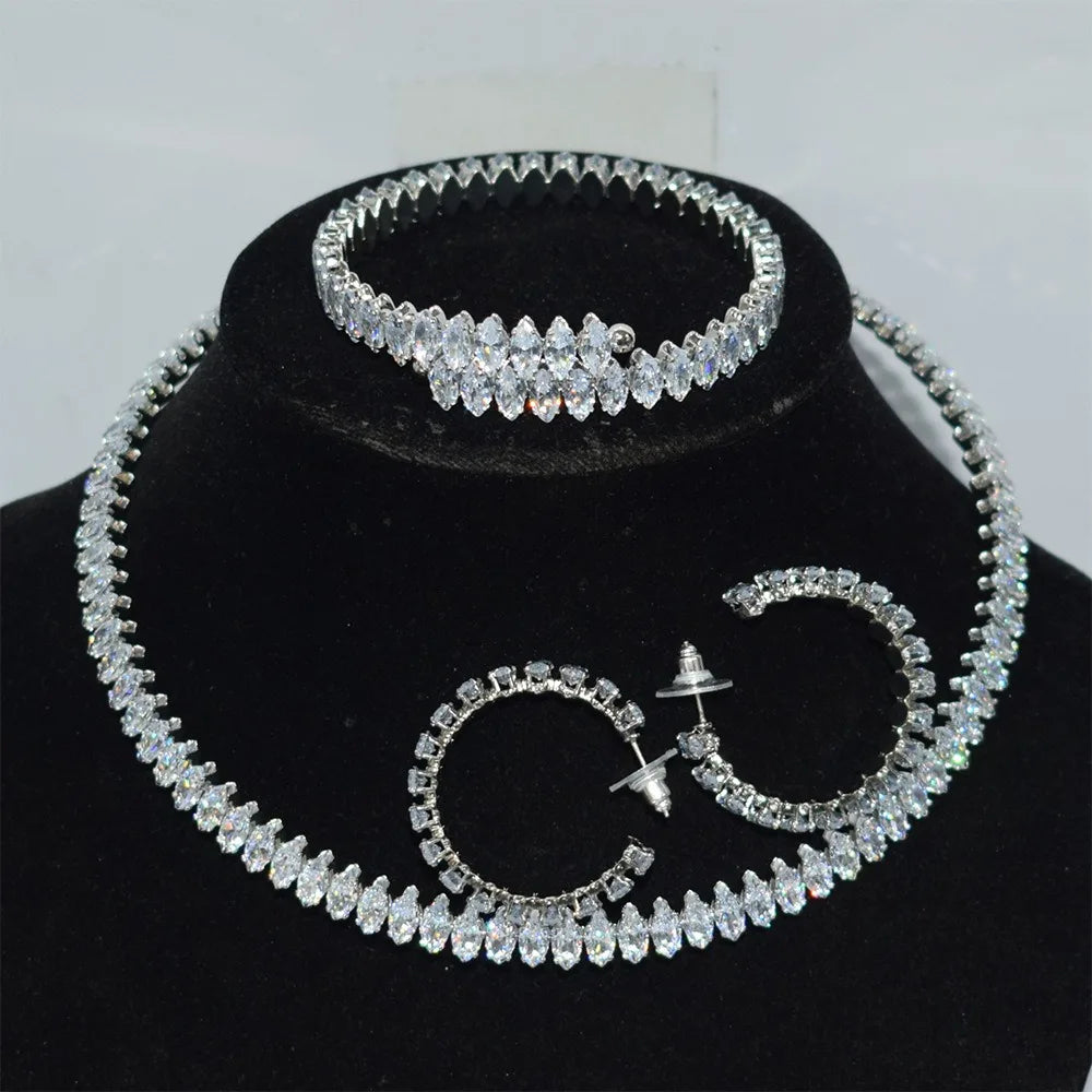 2026 Customized Full Diamond Zircon Open Collar Style Oval Zircon Earrings Bracelet Necklace Set of Three