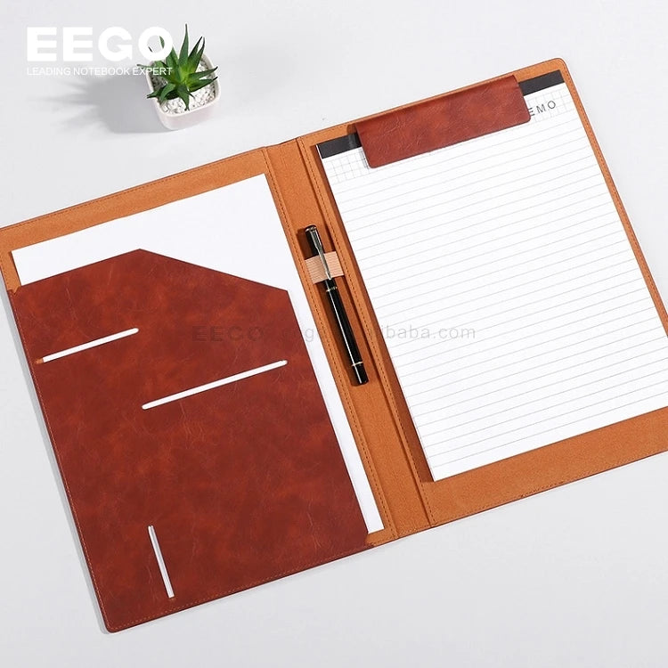 Brown Clipboard Document Organizer Business Leather Portfolio A4 Paper Custom Logo File Folders Binder for Interview