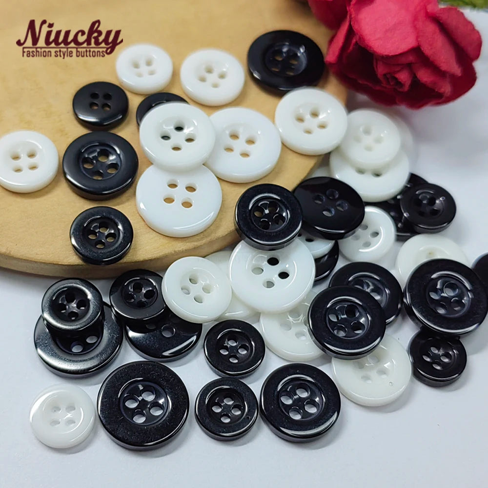 9mm -12.7mm 4-Hole Broad Edge Black White Resin Flatback Pearl Washable Sewing Buttons for Shirt Basic High Quality Men Women