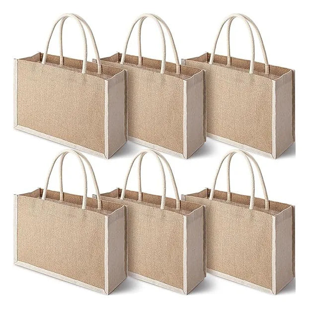 Waterproof White Patchwork Square Bottom Design Wholesale Burlap  with Handle Beach Travel Wedding Jute Gift Bag