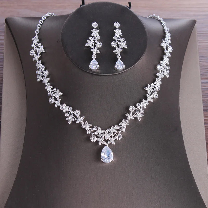 Exquisite Zircon Necklace Earring Set Bridal Wedding Jewelry Luxury Evening Dress Accessories