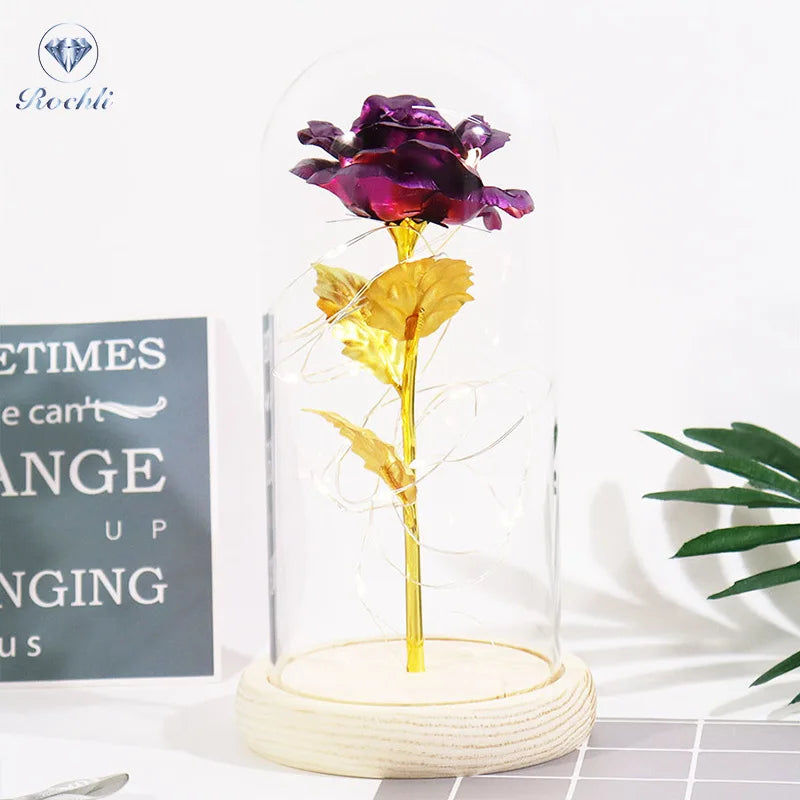 Wholesale Valentine's Mother's Day Gift Artificial Decorative Flower 24K Golden Foil Rose in Acrylic Dome With Wooden Base