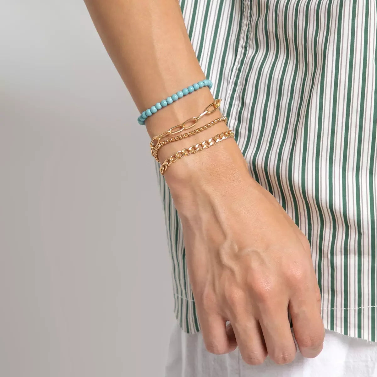 SHIXIN Unisex Fashion Accessories Retro Imitation Pearl Men's Bracelet Temperament Twist Chain Metal Turquoise Bead Bracelet 
