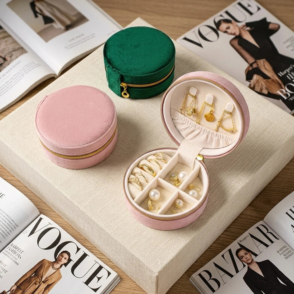 Portable Multi-Purpose Travel Jewelry Box with Zipper Modern Velvet Round Storage for Kids' Earrings & Rings