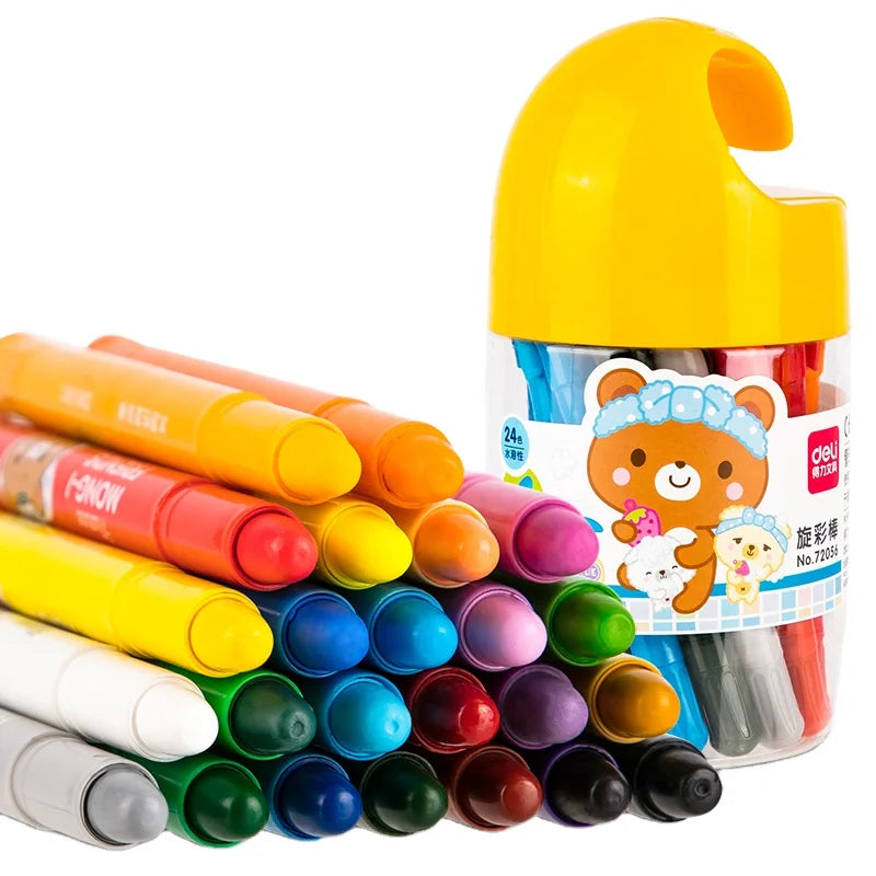 Deli 72056 24pcs/barrel Portable Rotary Crayon Water-soluble Oil Pastel for School Student 48barrel*24pcs=1152pcs Per Carton 