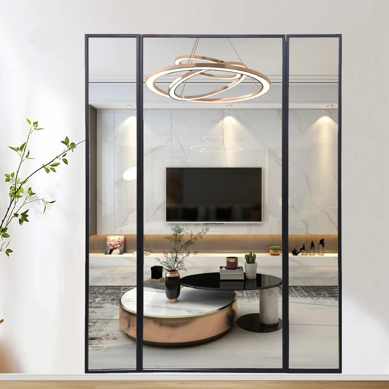 Custom Handmade Contemporary Black Wrought Iron Large Trifold Fitting Room Full Length Floor Standing 3 Way Foldable Wall Mir