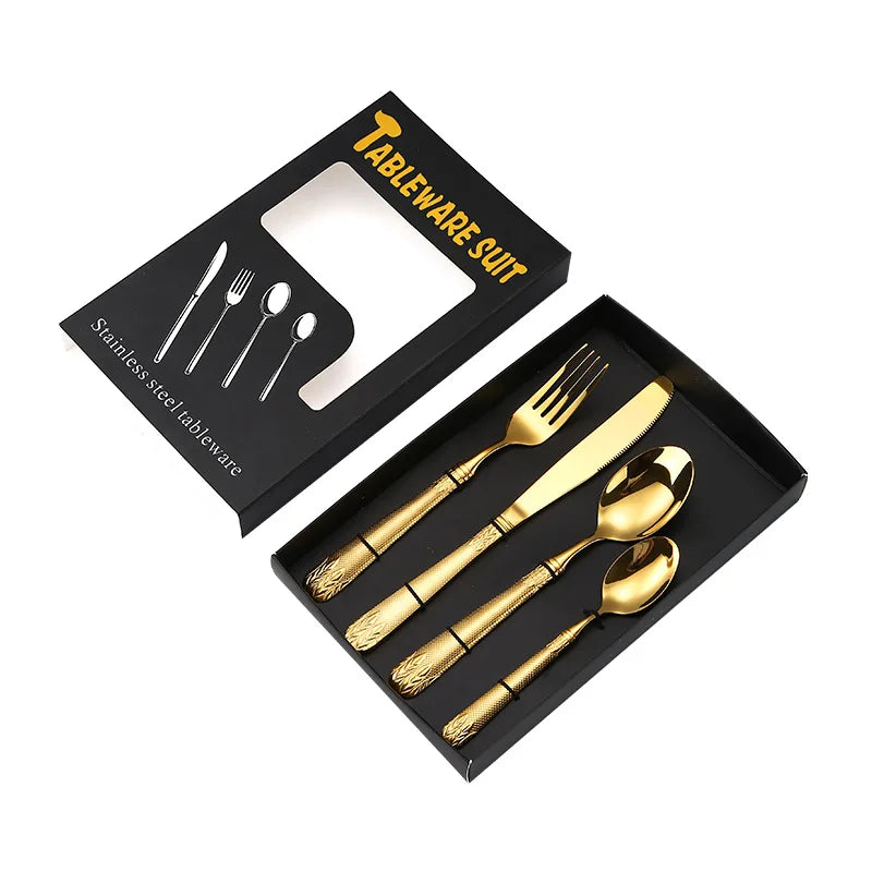 Luxury Gold Cutlery Set with Gift Box 4pcs Wheat Pattern Embossed Handle Stainless Steel Flatware Set for Wedding Favor