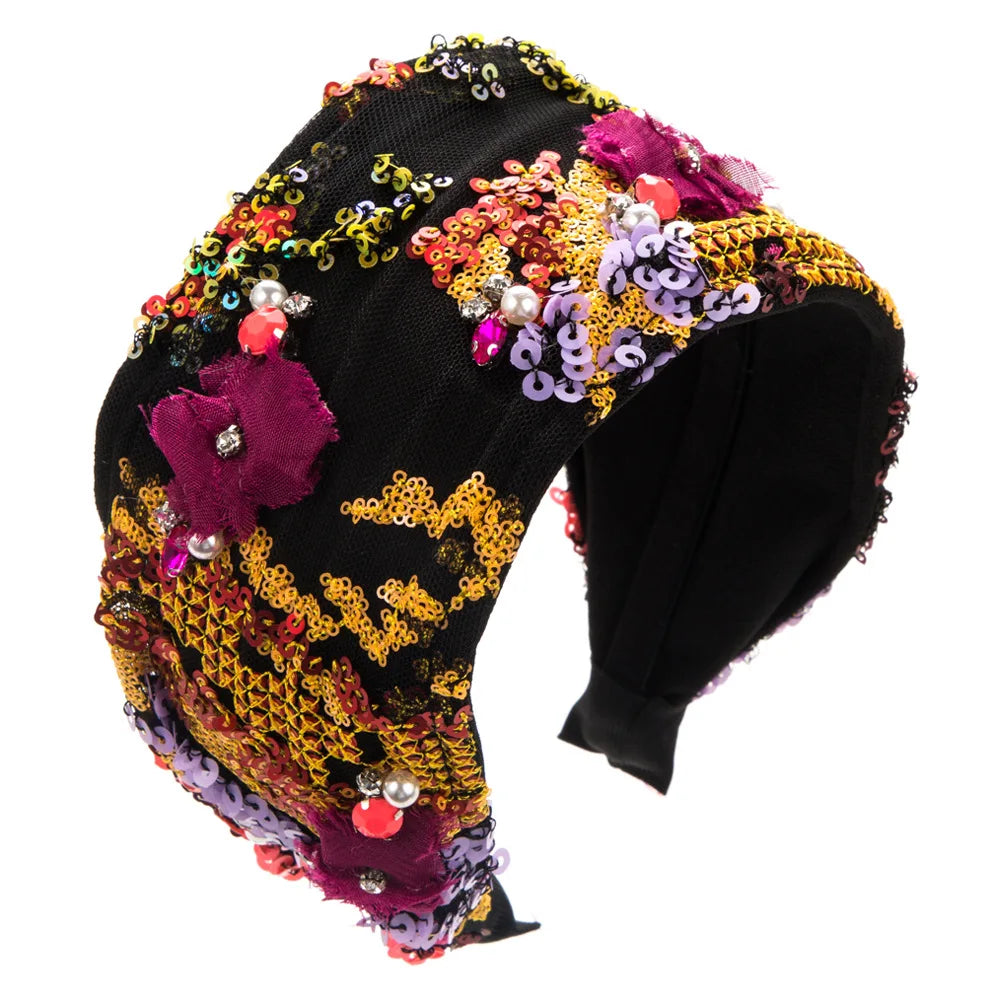Fashion Ladies Sequin Pearl Hairband Baroque Embroidered Lace Flower Wide Headband
