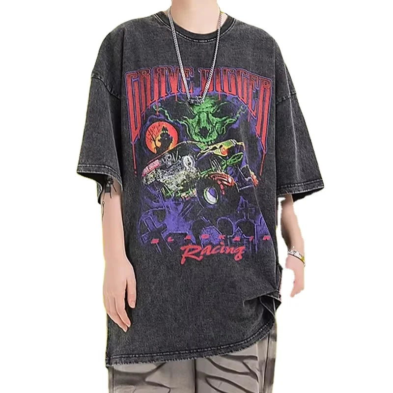 Factory Customized Hip Hop Heavyweight Knitted Cotton Print T-Shirt Acid Wash Unisex Oversized Vintage Men's Casual Wear