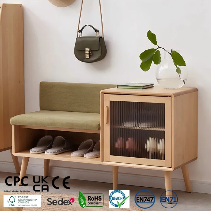 Shoe Storage Organizer Rack Wooden Shoe Bench Living Room Furniture Modern Soft Seat Pull Out Rotating