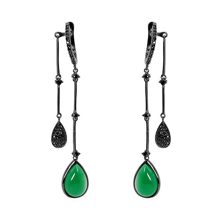 Trendy Luxury Fashion Jewelry 925 Silver Rhodium Plated Black Rhodium Hoop Earrings Green Agate Aqua Chalcedony Black Spinel 