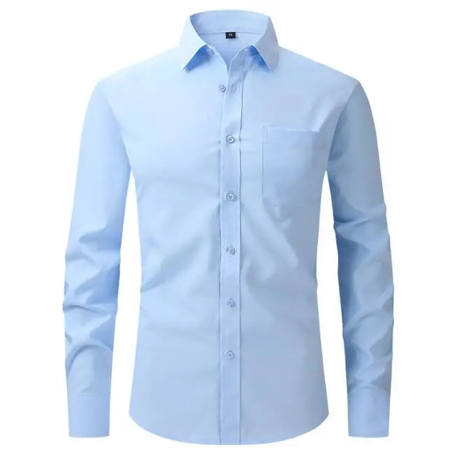 Long Sleeve White Shirt for Men's Four Sided Elastic Wrinkle Resistant Solid Color Business Casual Slim Fitting Formal Shirts