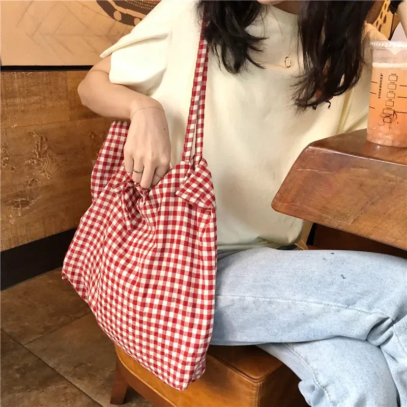 Fashion Women's Canvas Tote Shoulder Large Shopping Bag Plaid Eco Large Capacity Ladies Purse Pouch Girls Student Book Handba
