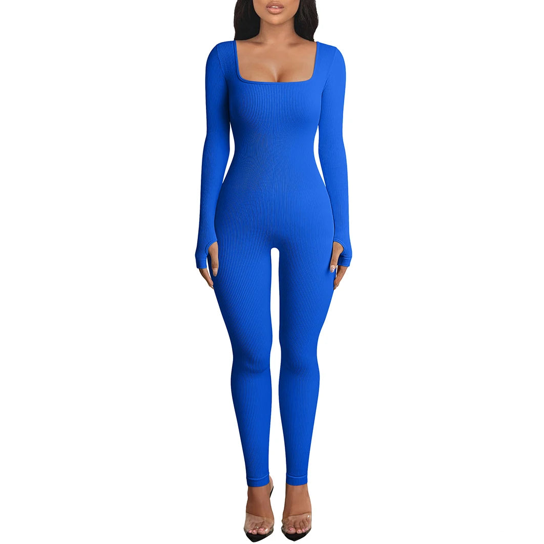 Women Yoga Legging Jumpsuit Workout Ribbed Long Sleeve Sport Jumpsuits