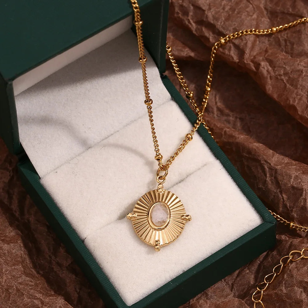 Natural Gemstone Jewelry White Crystal Engraved Pendant Necklace Gold Plated Stainless Steel Vintage Jewelry