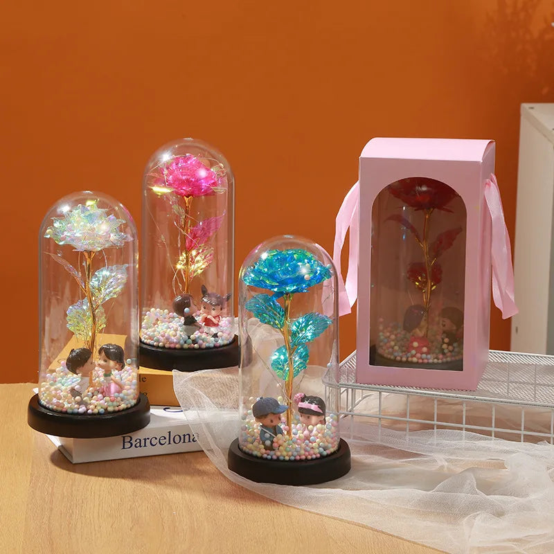 DREA Wedding Gifts LED Light 24k Gold Foil Flowers Forever Rose Galaxy Rose 24k Rose in Dome