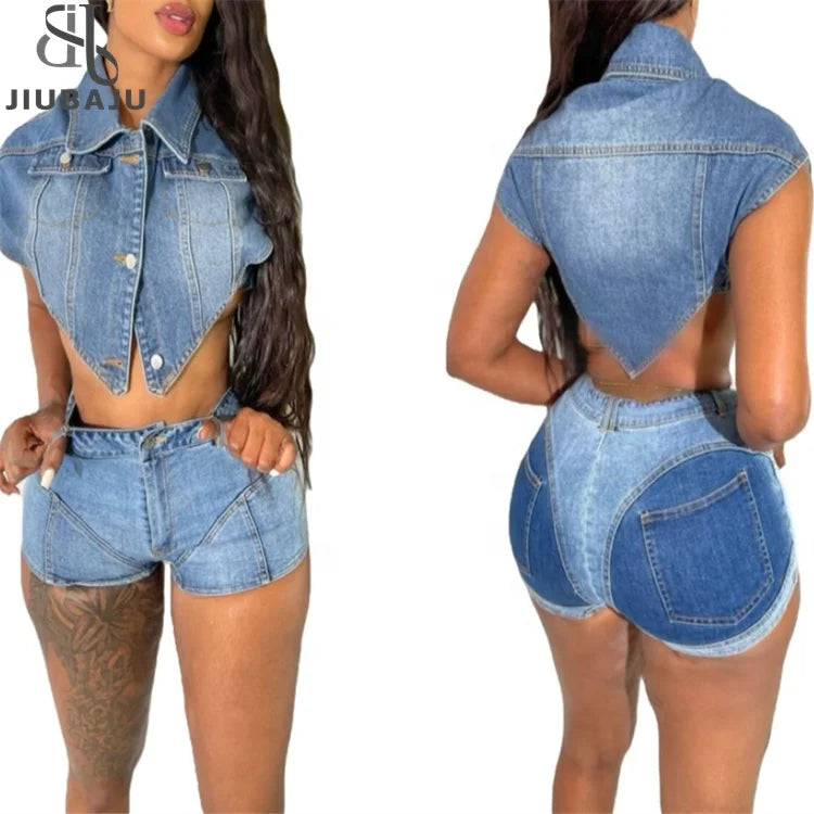 Jeans Two Piece Set Women Summer Outfits Turn Down Collar Short Sleeve Buttons Irrguler Crop Tops Elastic Denim Shorts Suits