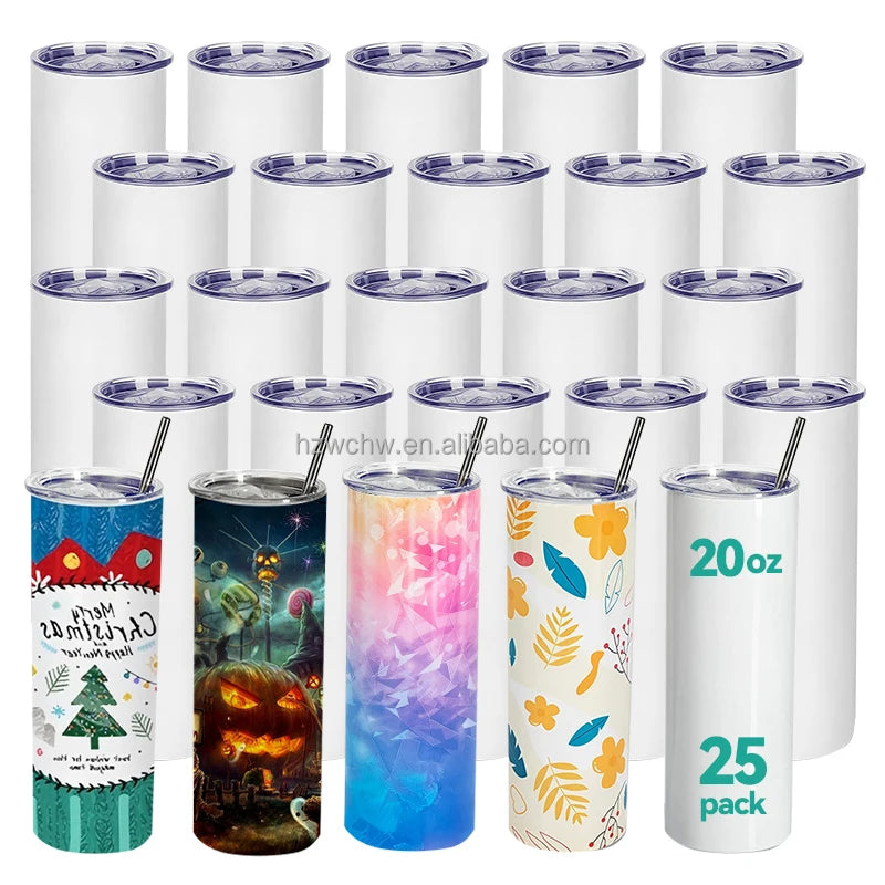Blank Sublimation Straight Tumblers 20OZ Skinny Taperless Straight Stainless Steel Tumbler Cups with Lid for DIY Water Drinks